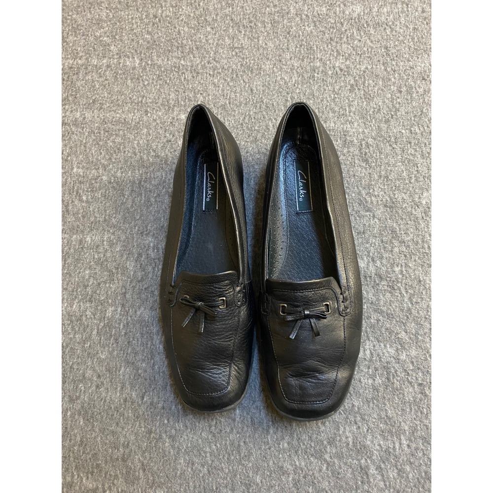 Clarks Womens Black Leather Loafers Square Toe Bow Slip On Flats 76945 Size 9M